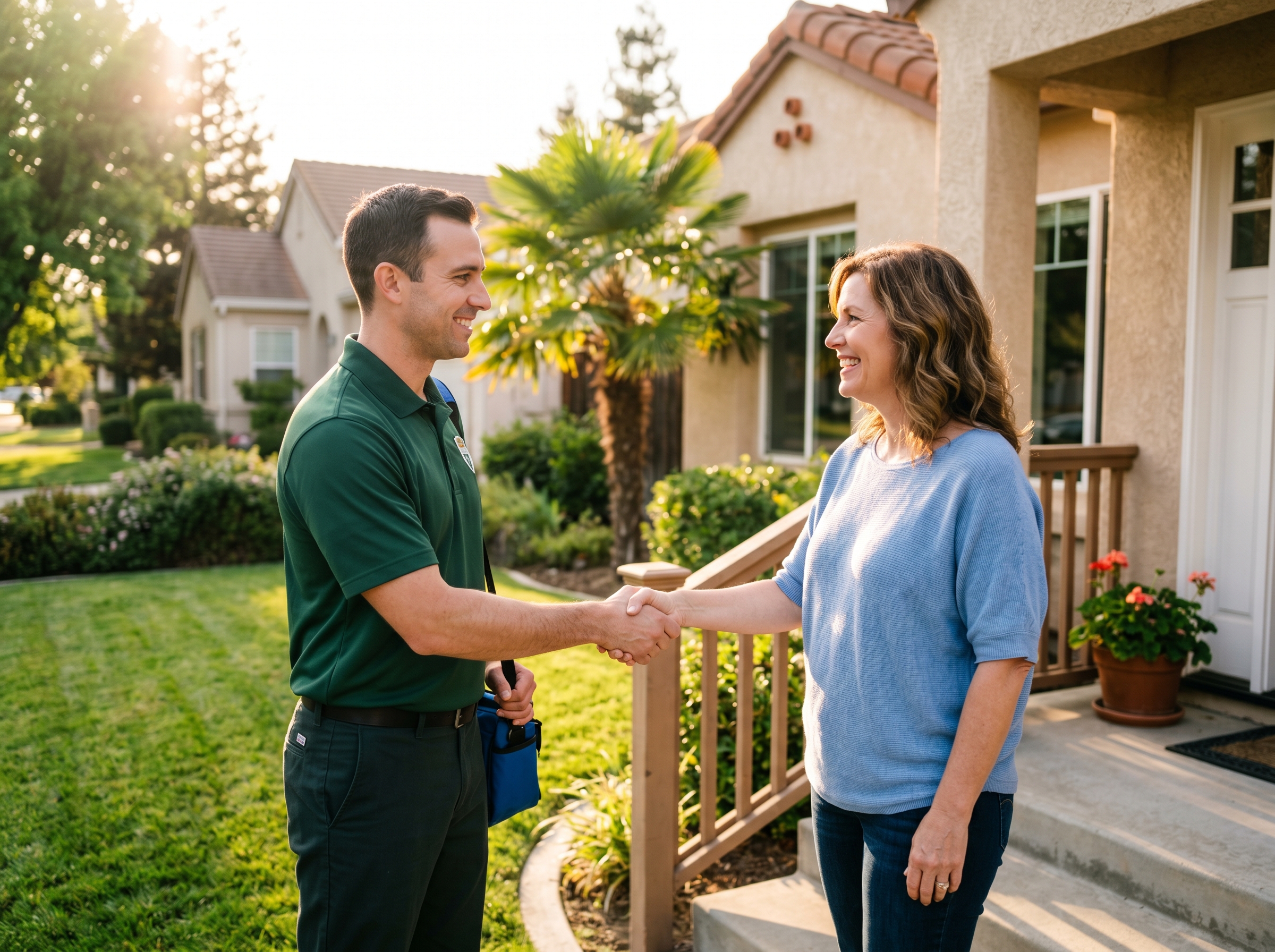 EcoGuard technician greeting a happy homeowner at her front door