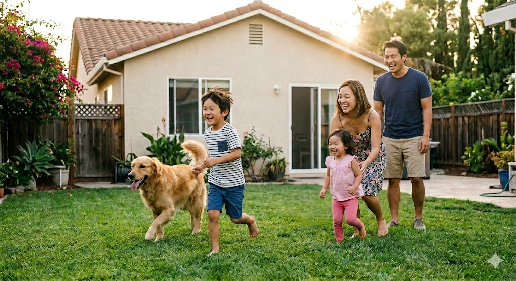 Family playing on a treated lawn with their dog